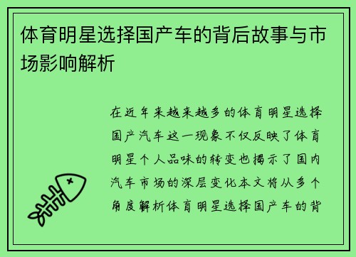 体育明星选择国产车的背后故事与市场影响解析